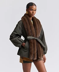 Avec Les Filles Women's Belted Faux-Fur-Trim Shawl Collar Puffer Jacket