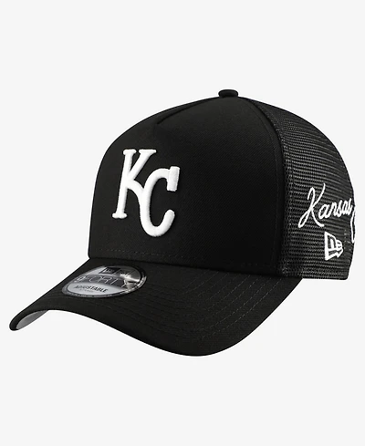 New Era Men's Black Kansas City Royals Side Script 9FORTY A-Frame Trucker Adjustable Hat