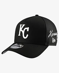 New Era Men's Black Kansas City Royals Side Script 9FORTY A-Frame Trucker Adjustable Hat