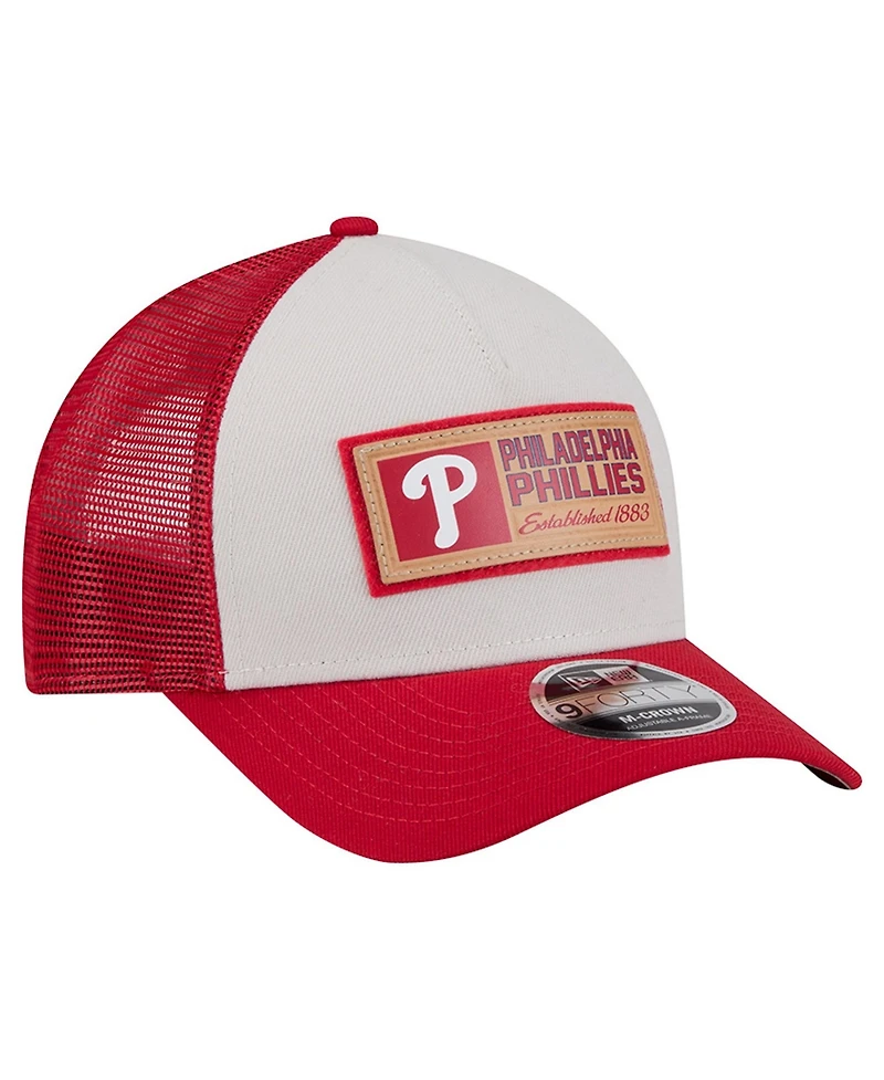 New Era Men's Stone/Red Philadelphia Phillies Text A-Frame Trucker 9FORTY Hat