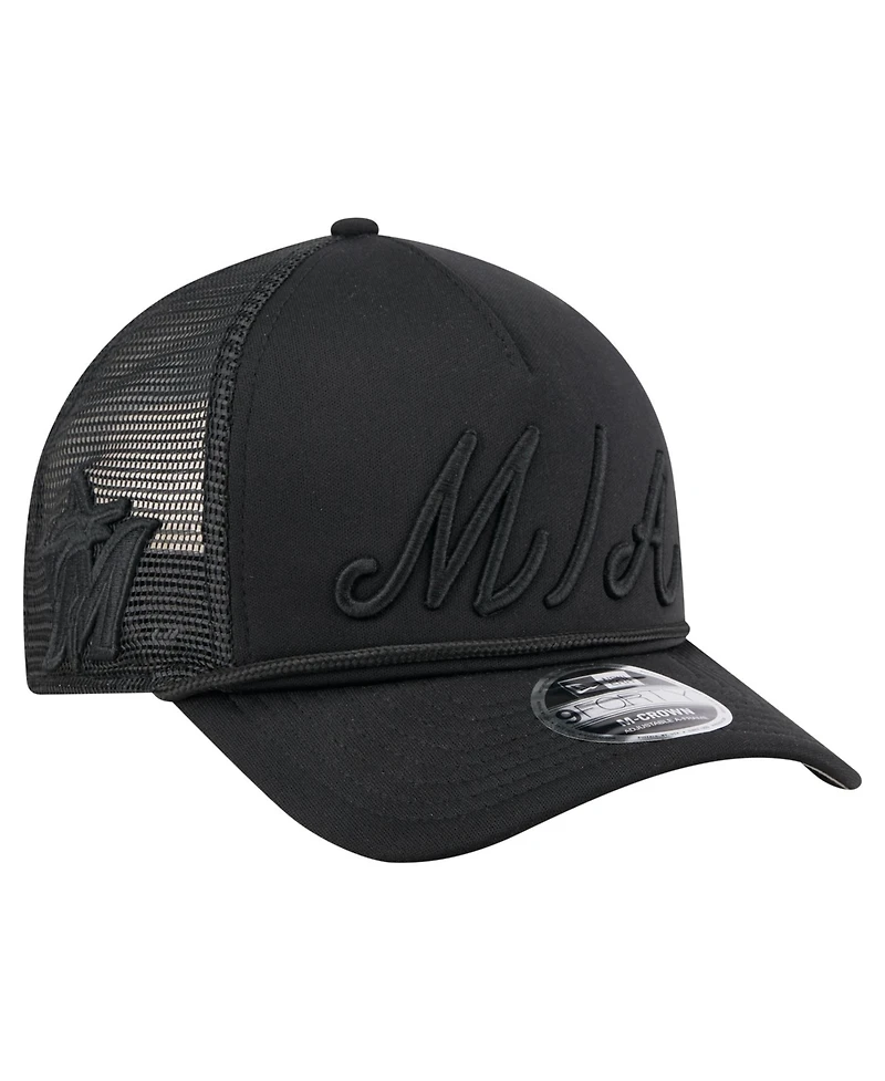New Era Men's Black Miami Marlins City Initial 9FORTY A-Frame M-Crown Adjustable Trucker Hat