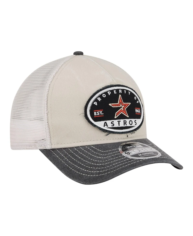 New Era Men's Light Beige/Black Houston Astros Frayed M-Crown A-Frame 9FORTY Trucker Adjustable Hat
