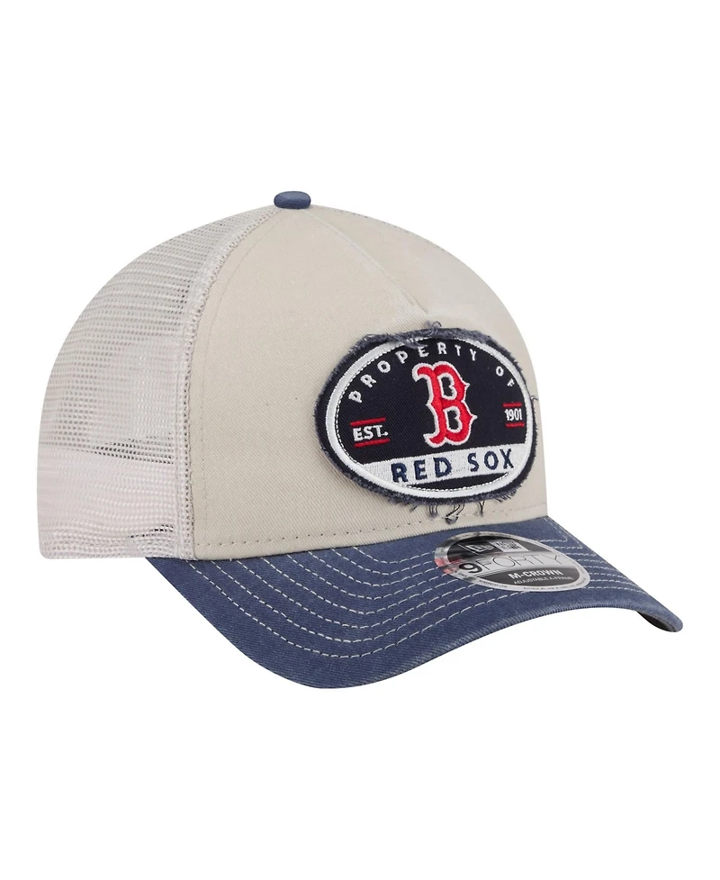 New Era Men's Light Beige/Navy Boston Red Sox Frayed M-Crown A-Frame 9FORTY Trucker Adjustable Hat