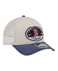 New Era Men's Light Beige/Navy Boston Red Sox Frayed M-Crown A-Frame 9FORTY Trucker Adjustable Hat