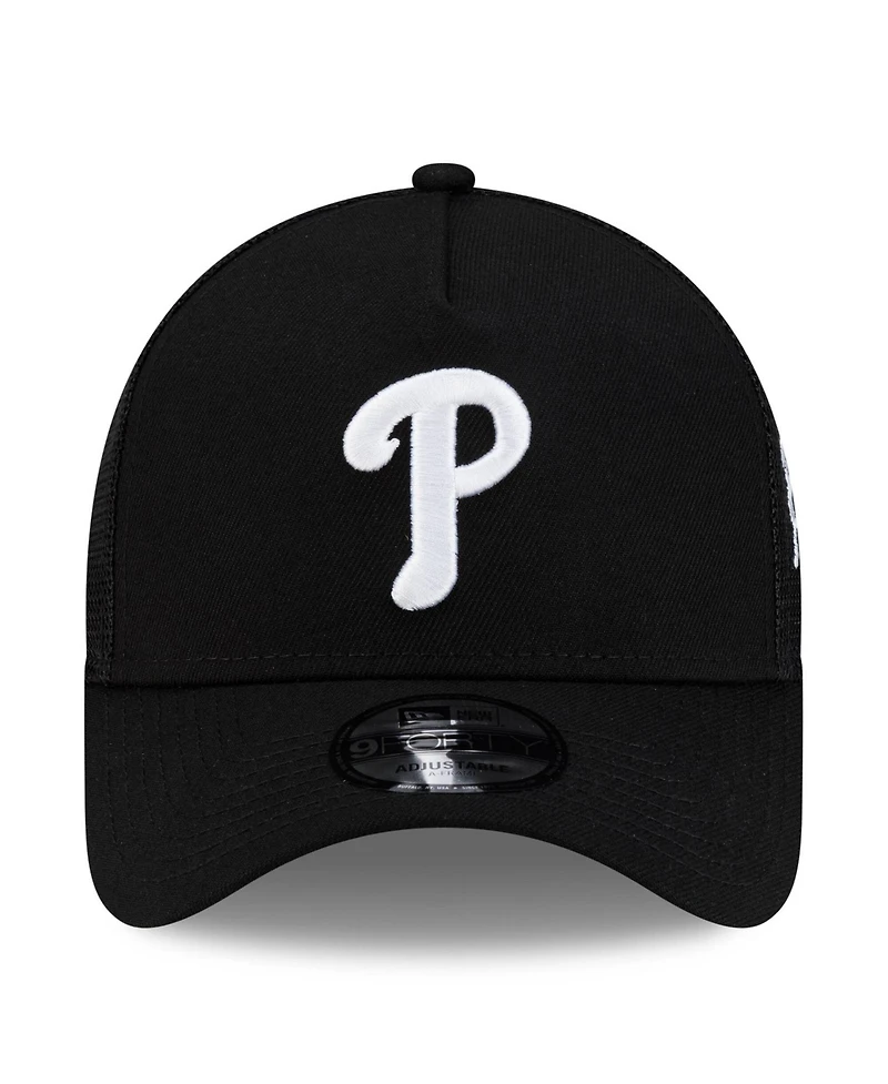 New Era Men's Black Philadelphia Phillies Side Script 9FORTY A-Frame Trucker Adjustable Hat