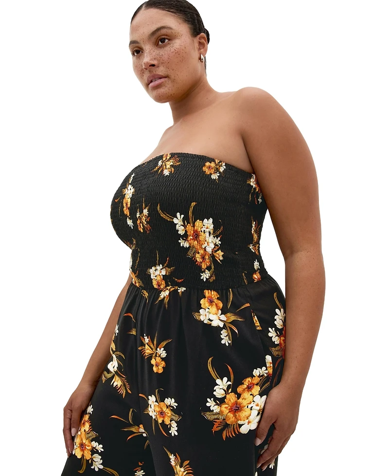City Chic Plus Aruba Print Strapless Wide-Leg Jumpsuit