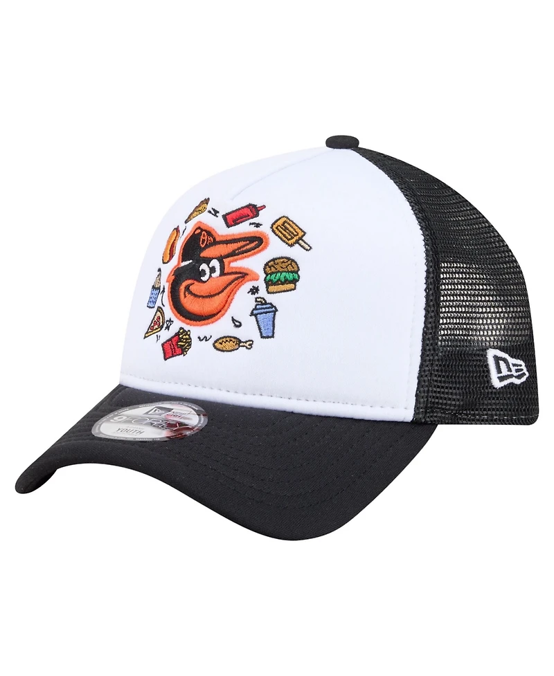 New Era Big Boys and Girls White/Black Baltimore Orioles Food A-Frame 9FORTY Trucker Adjustable Hat