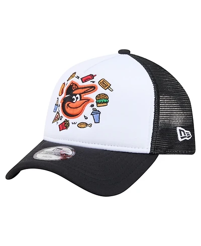 New Era Big Boys and Girls White/Black Baltimore Orioles Food A-Frame 9FORTY Trucker Adjustable Hat