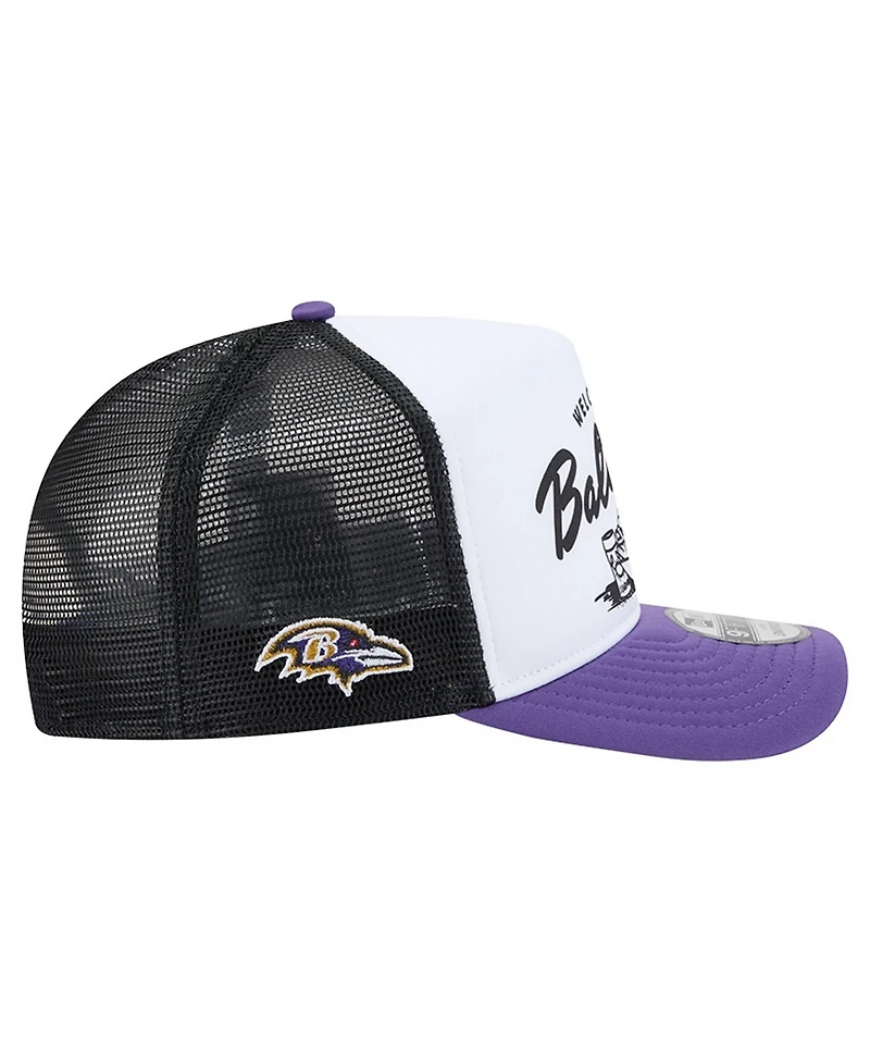 New Era Men's White/Purple Baltimore Ravens Foodie 9FIFTY A-Frame Trucker Snapback Hat