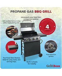 Grill Boss 4-Burner Outdoor Propane Gas Grill with Side Shelves and Wheels, Black
