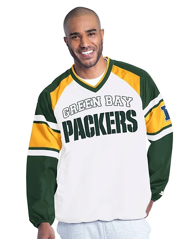 Starter Men's White Green Bay Packers Infield Play Raglan Pullover Jacket