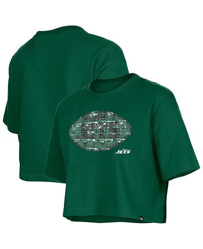 New Era Girl's Green York Jets Flip Sequin Boxy T-Shirt