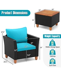 Gouun 3 Piece Outdoor Wicker Conversation Set with Acacia Wood Storage Coffee Table