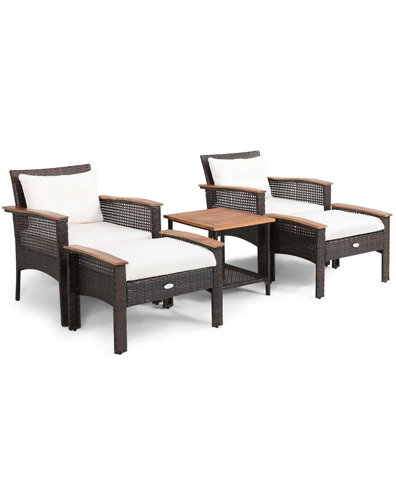 Gouun 5 Piece Outdoor Rattan Conversation Set with Acacia Wood Table, 2 Armchairs and 2 Ottomans