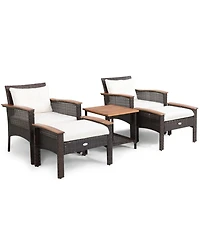 Gouun 5 Piece Outdoor Rattan Conversation Set with Acacia Wood Table, 2 Armchairs and 2 Ottomans