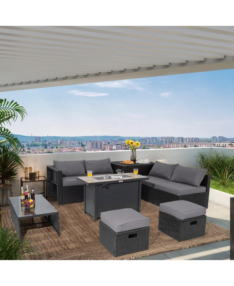 Gouun 9-Piece Outdoor Pe Rattan Patio Sectional Conversation Set with 42 in 60,000 Btu Gas Fire Pit Table