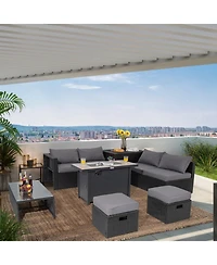 Gouun 9-Piece Outdoor Pe Rattan Patio Sectional Conversation Set with 42 in 60,000 Btu Gas Fire Pit Table