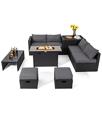Gouun 9-Piece Outdoor Pe Rattan Patio Sectional Conversation Set with 42 in 60,000 Btu Gas Fire Pit Table