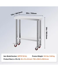 Hongge Rolling Stainless Steel Work Table 30 x 12 x 34 in with 700 lbs Capacity for Commercial Kitchens