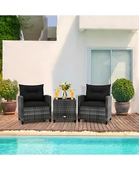Gouun 3-Piece Outdoor Pe Rattan Conversation Set with Tempered Glass Table