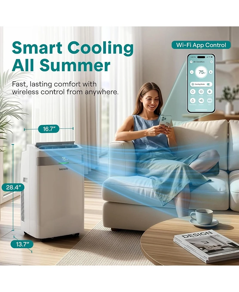 SereneLife 14,000 Btu Portable Air Conditioner with Wi-Fi, Dehumidifier and Fan, Window Exhaust Kit Included