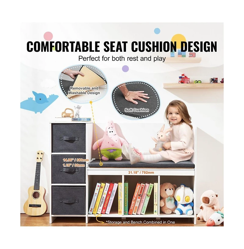 Slickblue Kids Reading Nook Bench with 6 Cubby Storage and Detachable Cushion