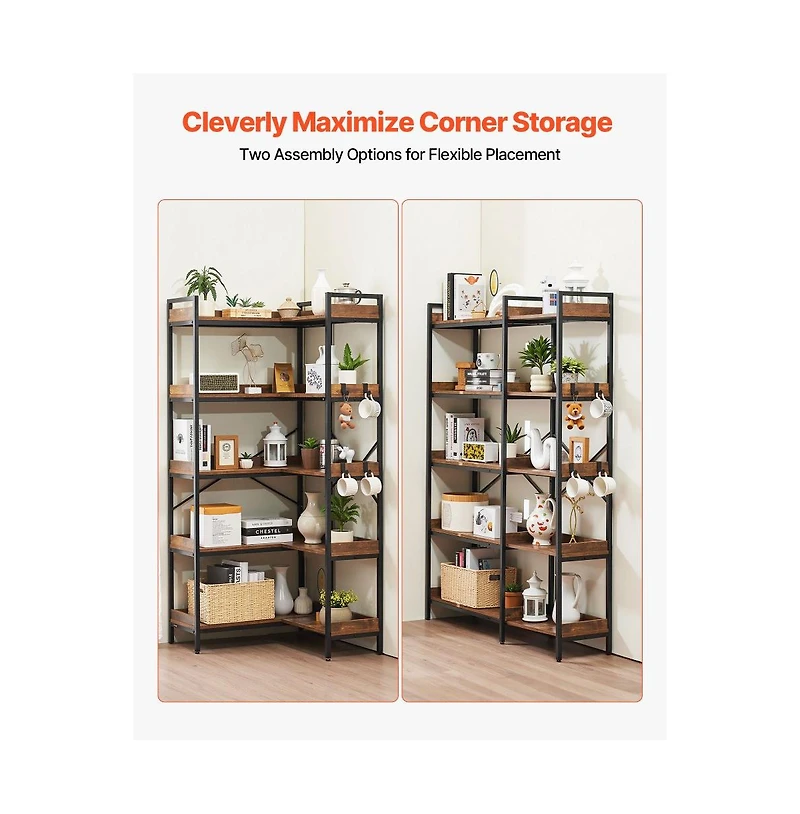 Slickblue L Shaped Corner Bookshelf with Wooden Shelves, 4 Hooks and Heavy Duty Metal Frame