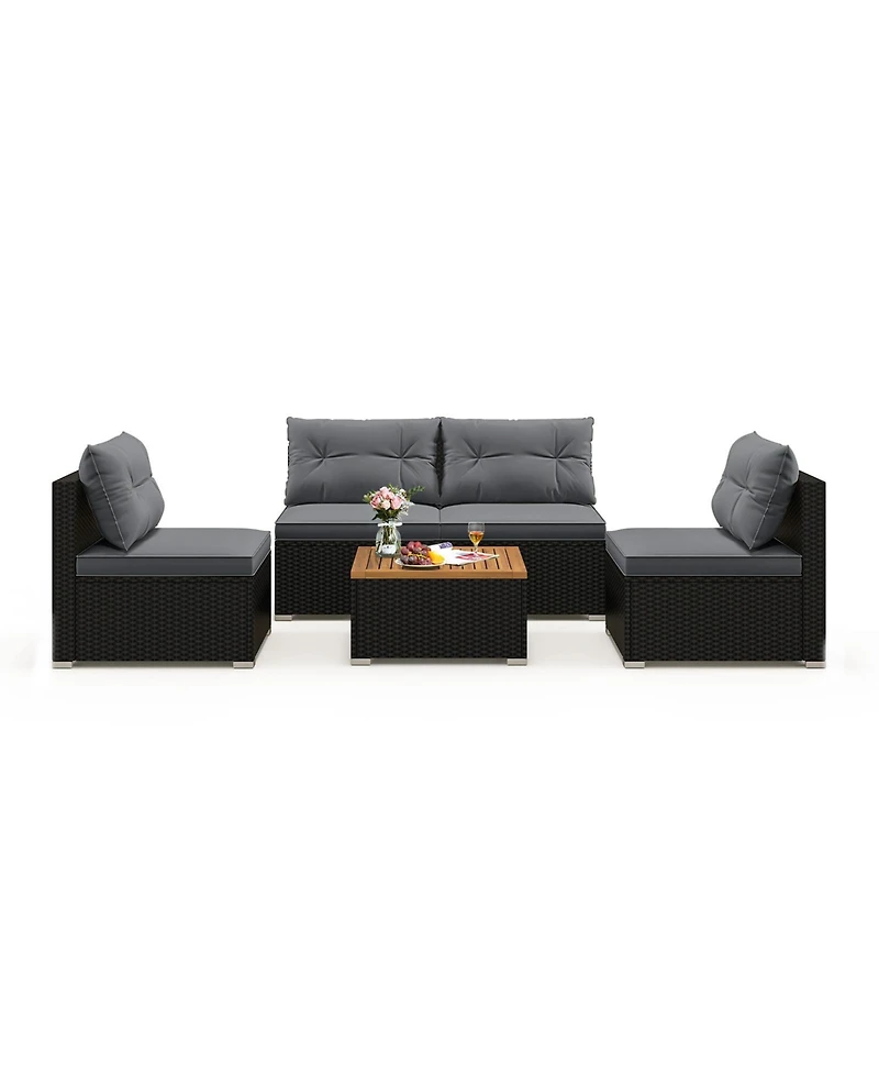 Gouun 5-Piece Outdoor Wicker Seating Set with Acacia Wood Coffee Table