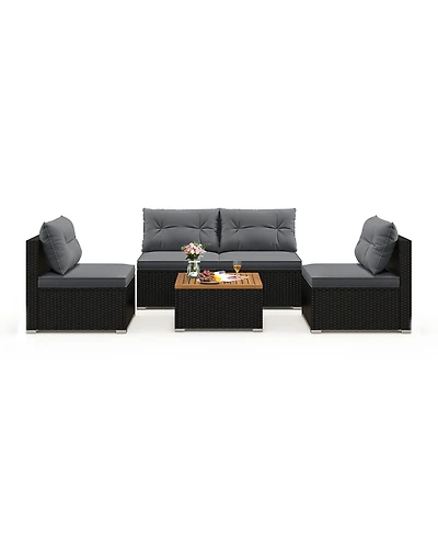 Gouun 5-Piece Outdoor Wicker Seating Set with Acacia Wood Coffee Table