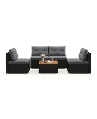 Gouun 5-Piece Outdoor Wicker Seating Set with Acacia Wood Coffee Table