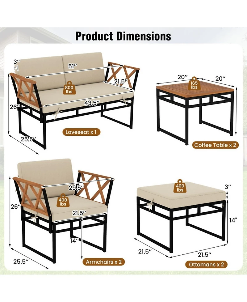 Gouun 7 Piece Outdoor Patio Conversation Set with Bungee Rope Seats, Acacia Wood Accents and Cushions