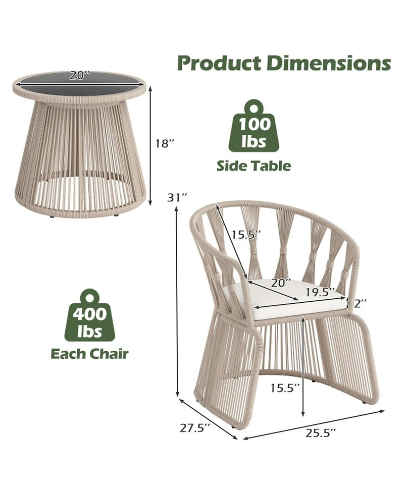 Gouun 3 Piece Outdoor Patio Furniture Set with Rope-Woven Armchairs, Cushions and Round Glass Side Table