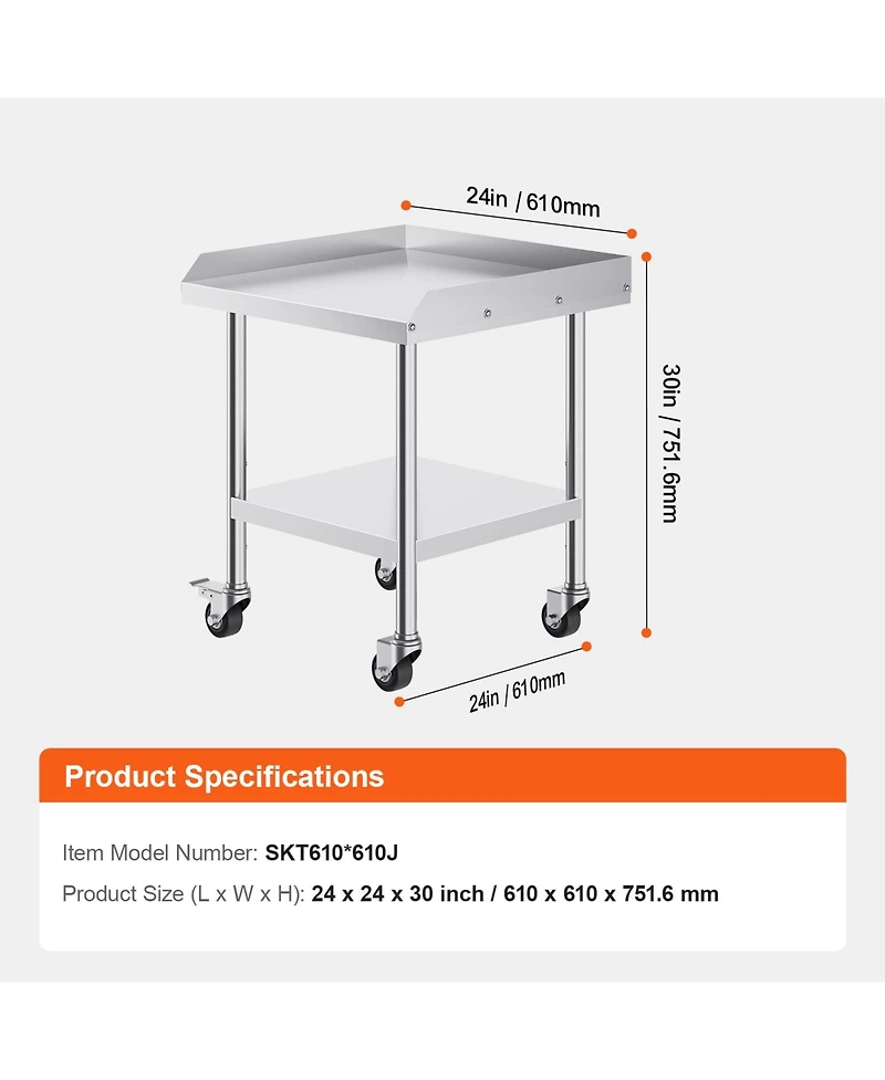 Hongge Stainless Steel Commercial Worktable 24 x 24 x 30 in with 3-Sided Backsplash on Rolling Casters