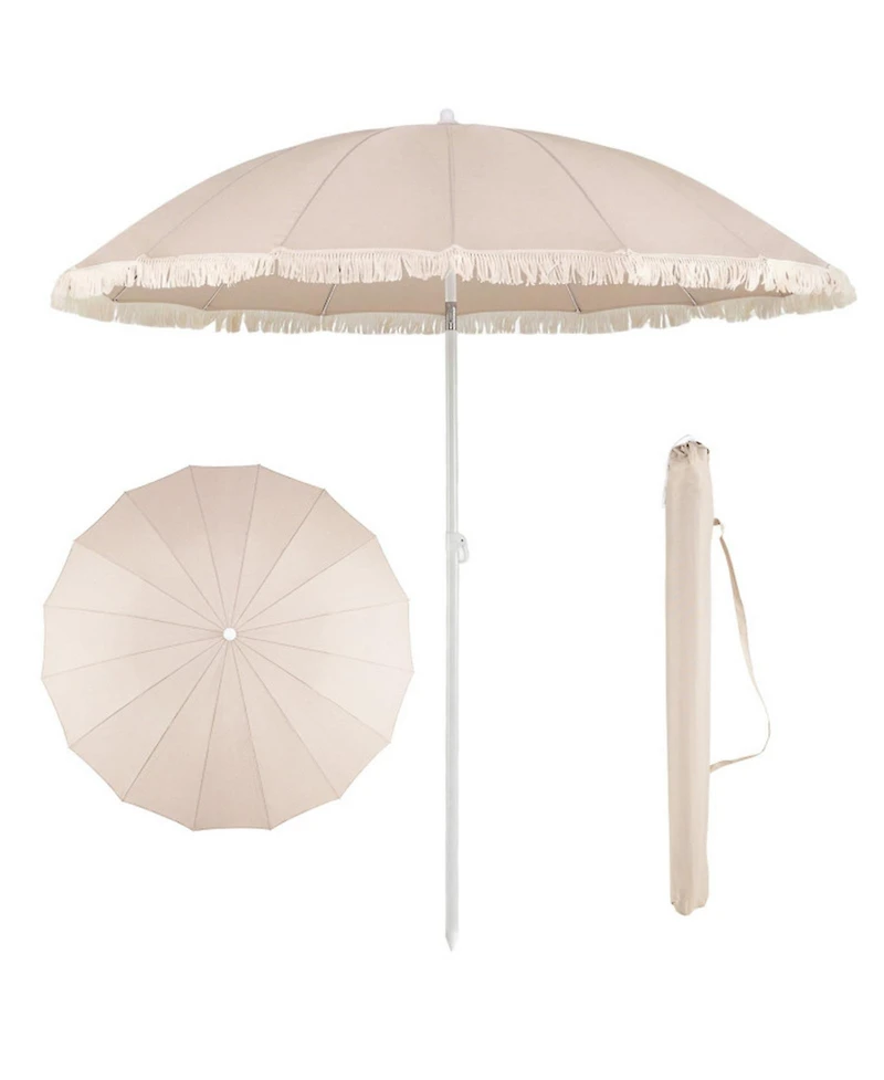 Gouun 7 feet Patio Umbrella with Fringe Boho Tassel Trim and Push-Button Tilt