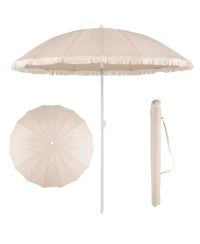 Gouun 7 feet Patio Umbrella with Fringe Boho Tassel Trim and Push-Button Tilt