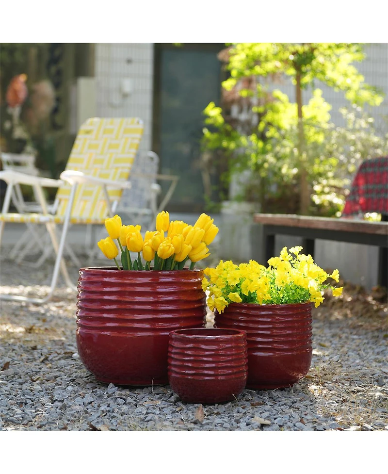 Yobtop Handmade Ceramic Planter Set of 3 - 15/11/8 Inch, Horizontal Groove Pattern, Breathable Clay, Indoor Outdoor Succulent Flower Pots