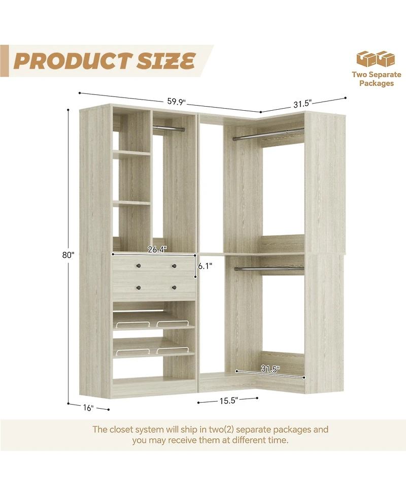 Aheaplus Corner Closet Organizer System Set with 2 Drawers and 3 Hanging Rods