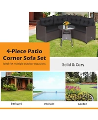 Gouun 4 Piece Outdoor Rattan Conversation Set with Round Glass Coffee Table and 3 Connected Sofas