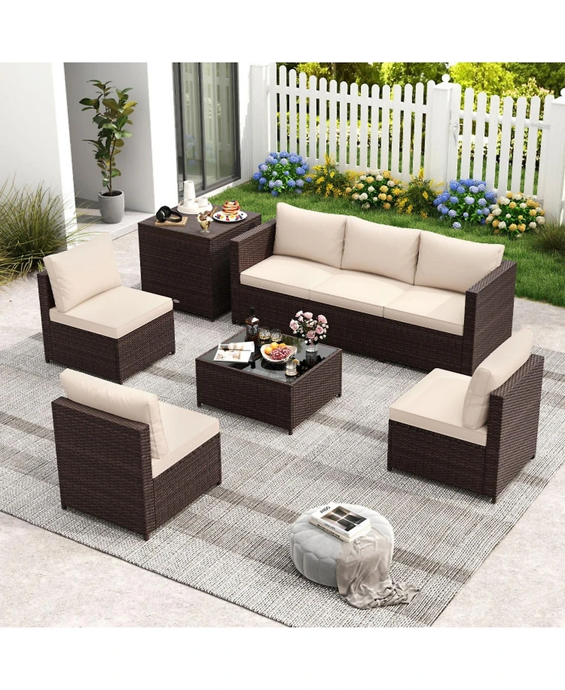 Gouun 8-Piece Outdoor Pe Rattan Patio Conversation Set with 50-Gallon Storage Box and Glass Coffee Table