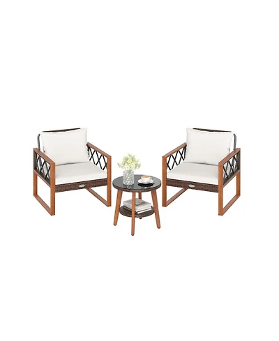 Gouun 3 Piece Patio Furniture Set with Pe Wicker Chairs, Acacia Wood Trim and 2 Tier Glass Top Table