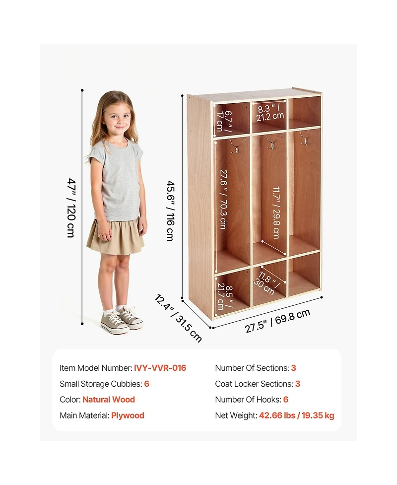 Sugift 3-Section Kids Wooden Coat Locker Cubby Organizer with 6 Hooks and Non-Slip Mat