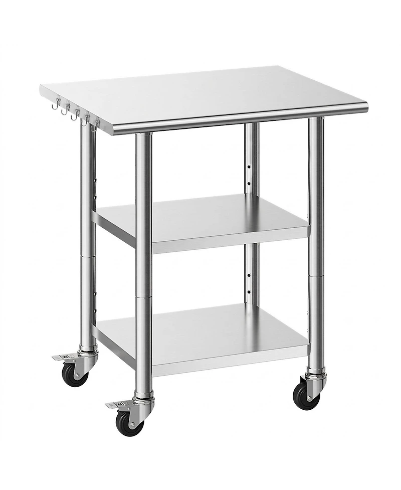 Hongge Compact Kitchen Prep Table 24 x 30 in Stainless Steel with Two Storage Shelves and Wheels