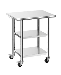 Hongge Compact Kitchen Prep Table 24 x 30 in Stainless Steel with Two Storage Shelves and Wheels