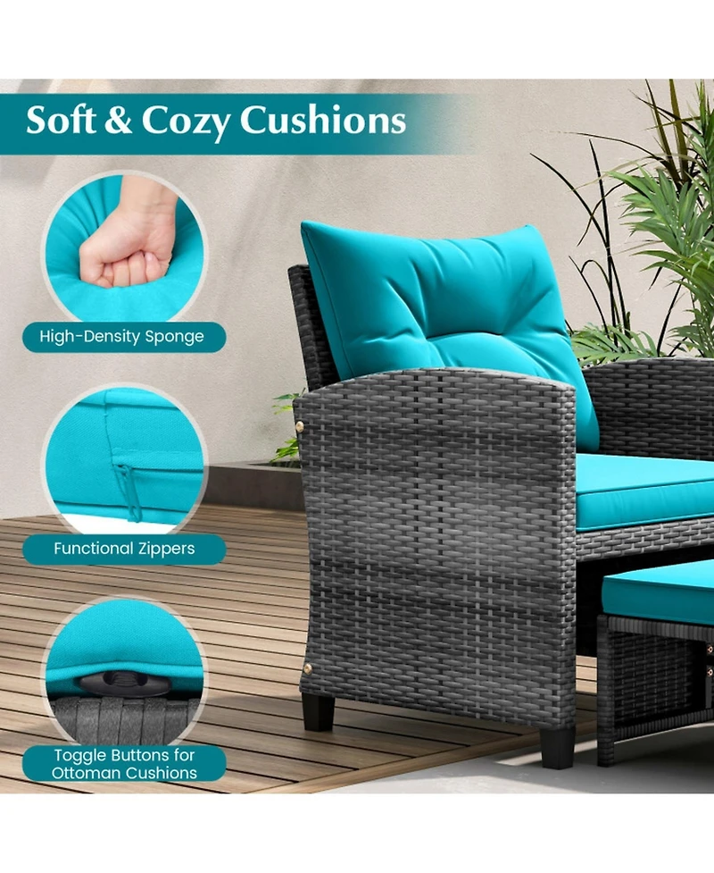 Gouun 5-Piece Patio Rattan Furniture Set with 2 Ottomans and Tempered Glass Table