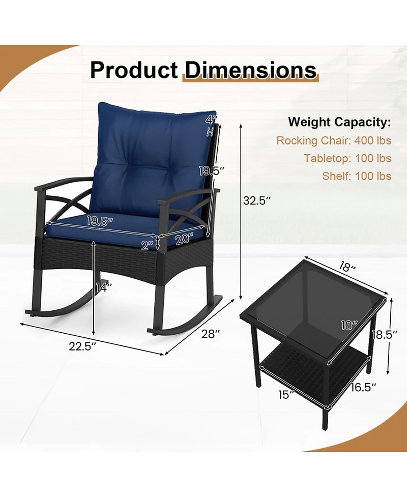 Gouun 3-Piece Outdoor Rattan Rocking Chair Set with 2-Tier Side Table