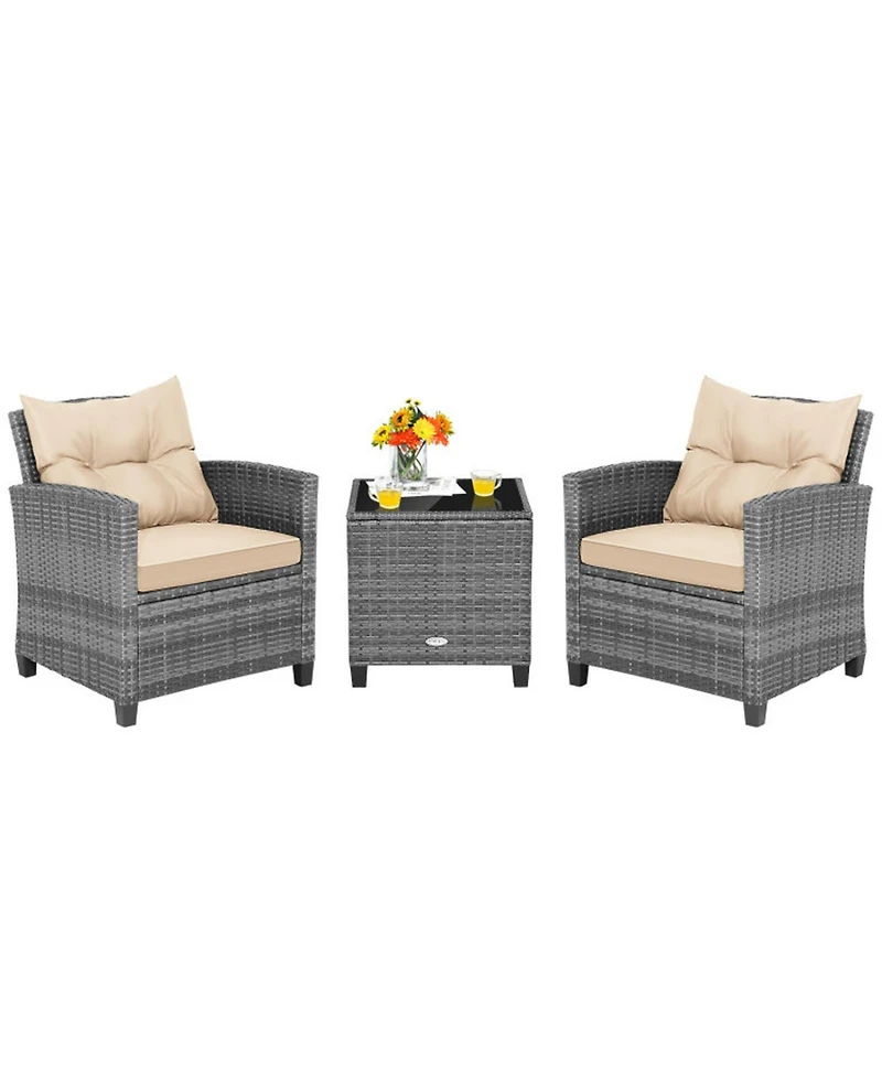 Gouun 3-Piece Outdoor Wicker Conversation Set with Tempered Glass Coffee Table