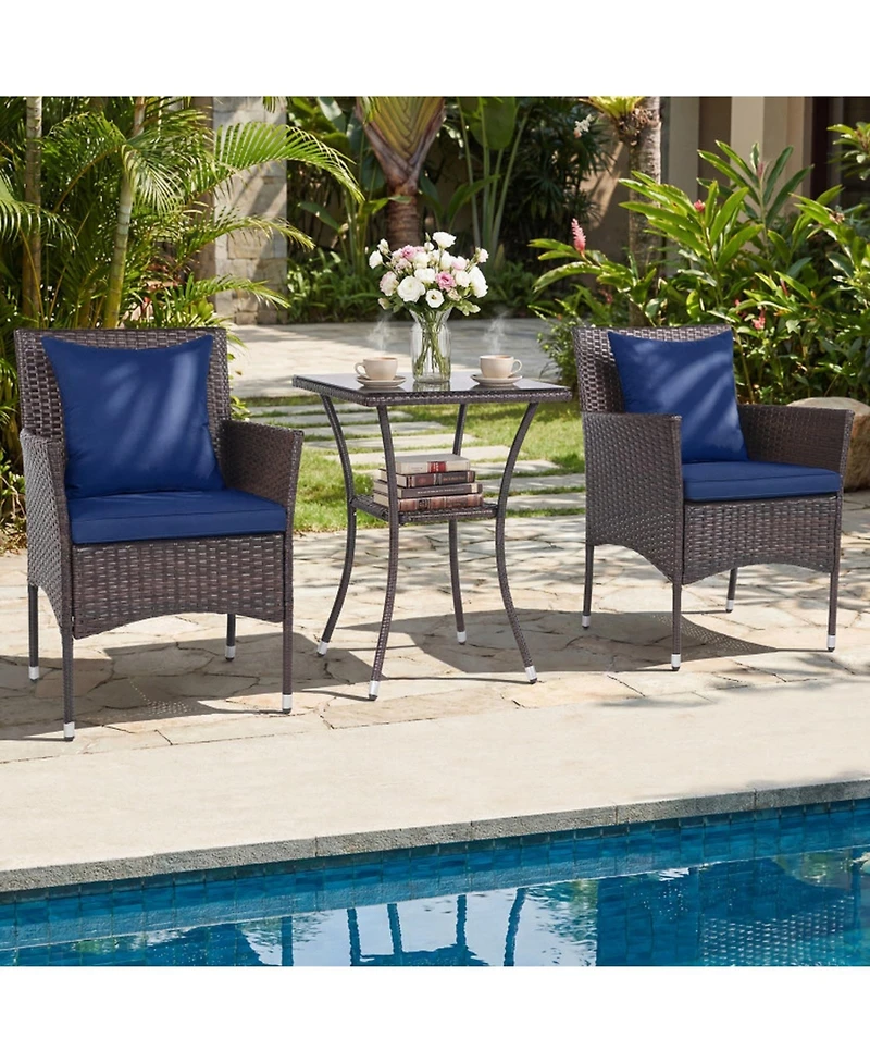 Gouun 3-Piece Rattan Bistro Chair Set with 2-Tier Tempered Glass Side Table