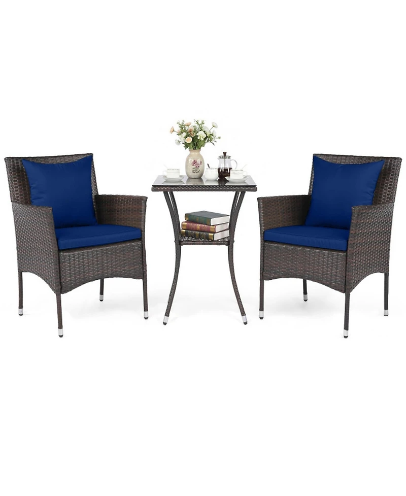 Gouun 3-Piece Rattan Bistro Chair Set with 2-Tier Tempered Glass Side Table