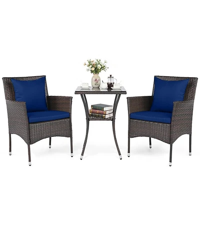 Gouun 3-Piece Rattan Bistro Chair Set with 2-Tier Tempered Glass Side Table