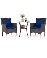 Gouun 3-Piece Rattan Bistro Chair Set with 2-Tier Tempered Glass Side Table